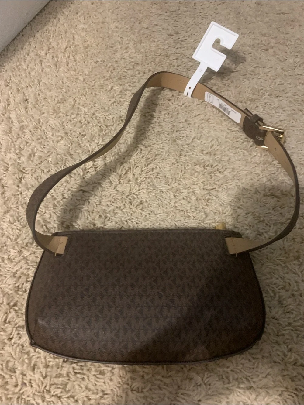 Michael Kors Brown Logo Belt Bag with Pink & Red Center Stripe